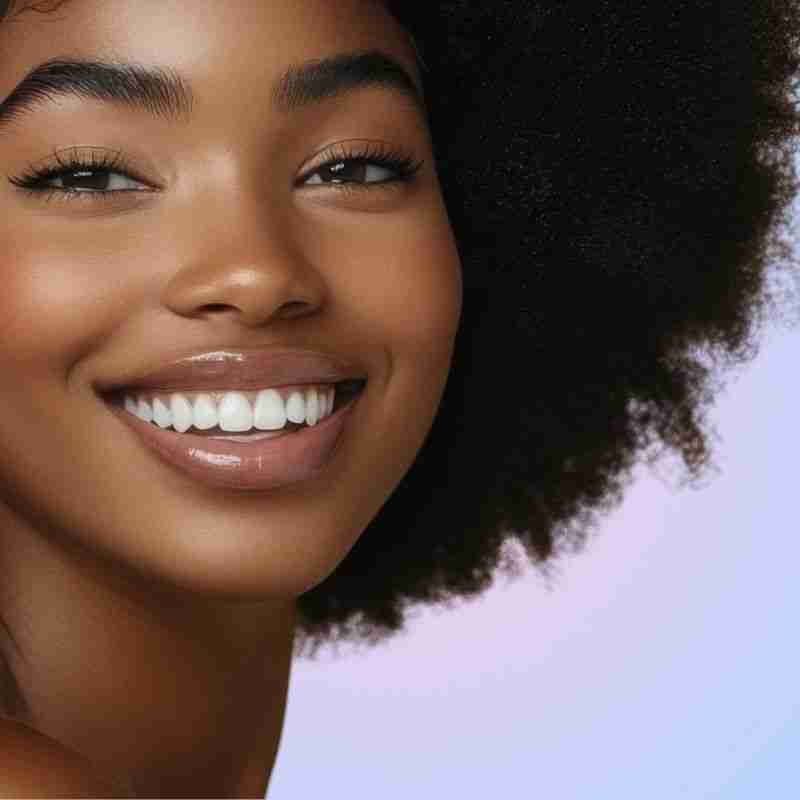 Smiling woman with radiant white teeth and natural-looking skin, showcasing the results of professional teeth whitening at JAX Dental Arts.