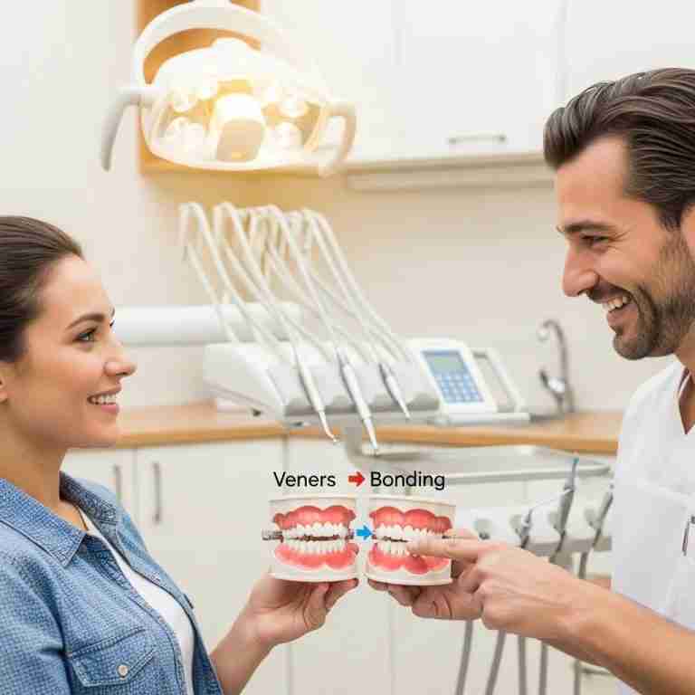 Dental consultation on veneers and bonding with a smiling patient and dentist