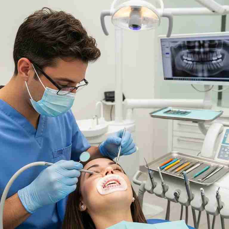 Dental professional examining a patient's teeth in a modern dental office, highlighting the importance of inlays and onlays