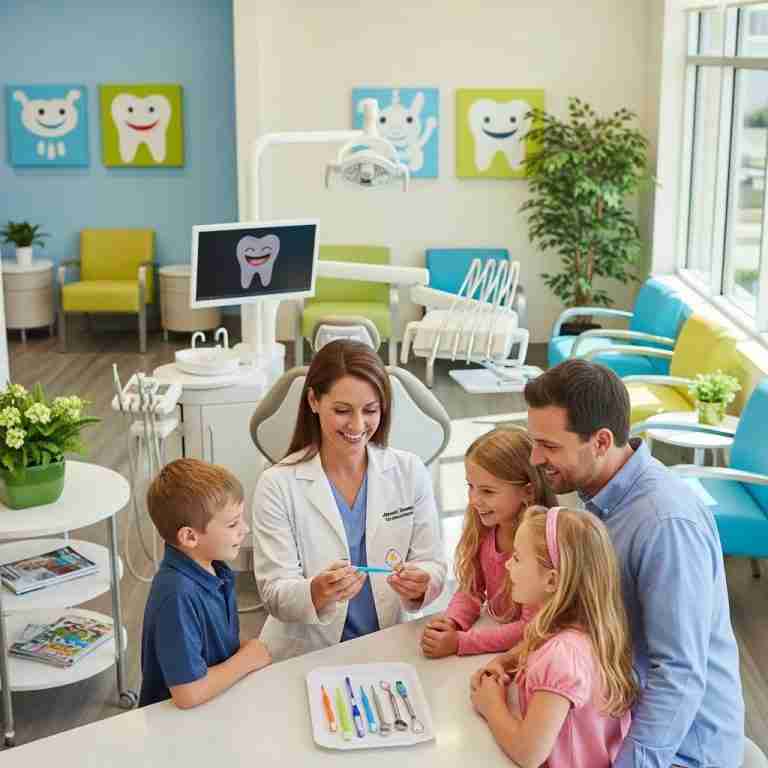 Family dental exam in a welcoming dental office with a friendly dentist and engaged family