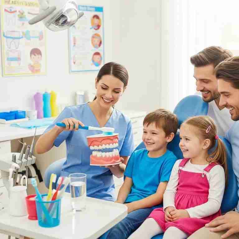 Family-friendly dental care environment with a dentist teaching children about oral hygiene