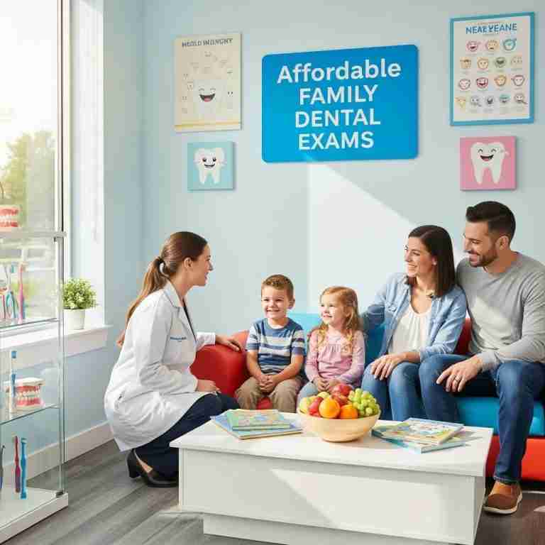 Warm, family-friendly dental office—dentist smiling with parents and children