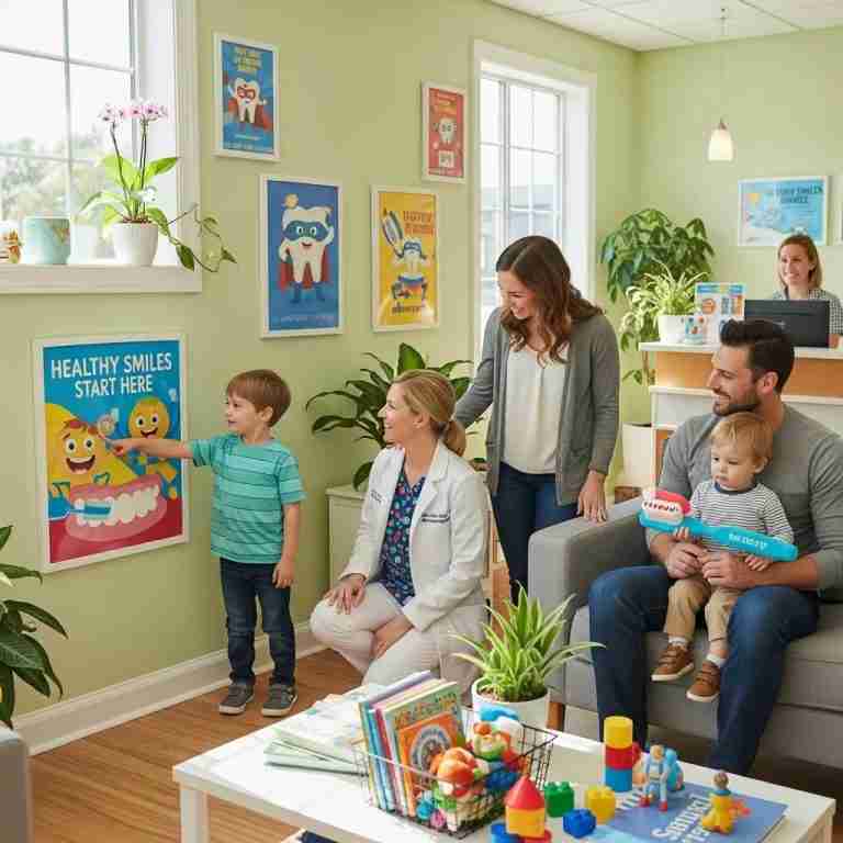 Family-friendly dental office with a dentist and family interacting