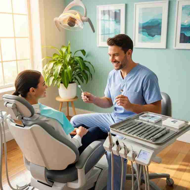 Friendly dentist interacting with a patient in a welcoming dental office
