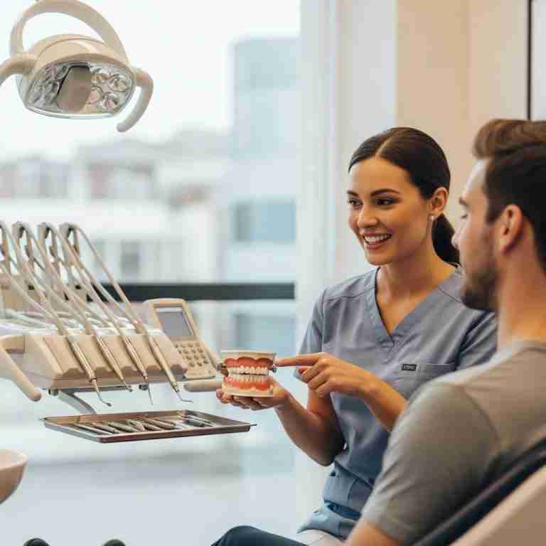 Friendly dentist explaining dental exam in a welcoming office
