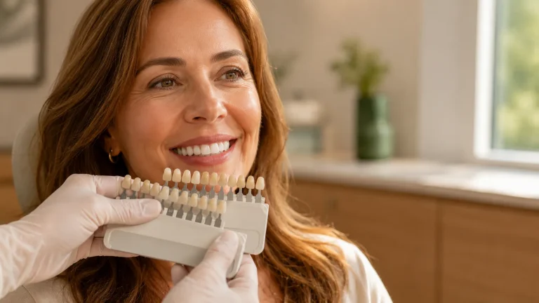 Dentist holding a ceramic shade guide beside a smiling patient's teeth during a dental inlay tooth color match